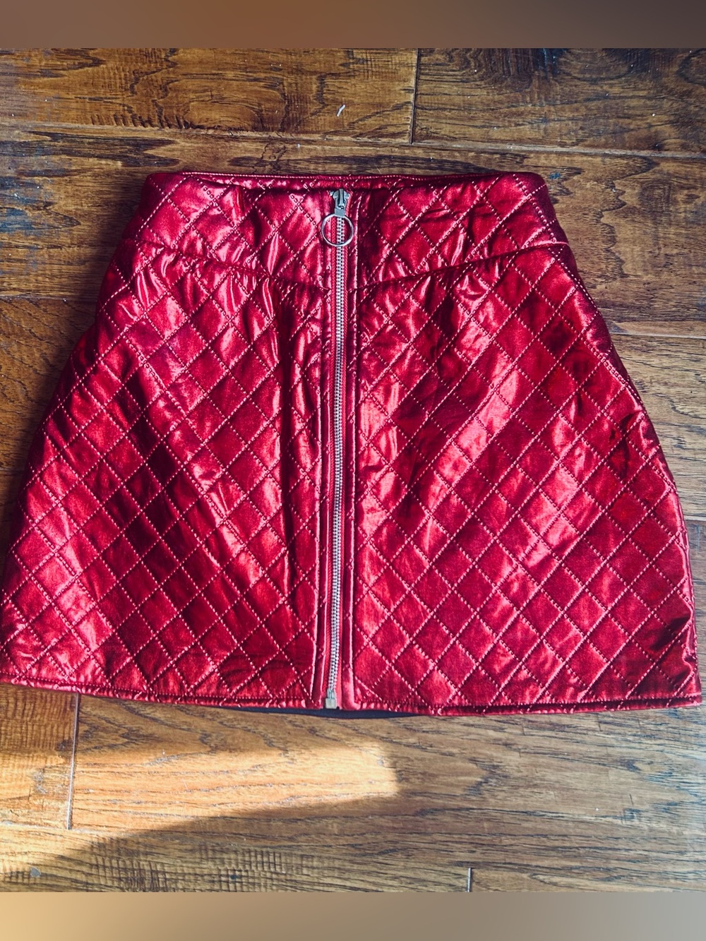 Forever 21 Metallic Quilted Red A-Line Zip-Front Skirt
